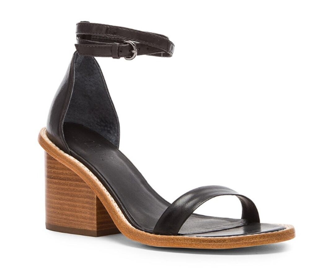Tibi Alma Wood Block Heel Ankle Wrap Leather Sandals, Black, Size 38